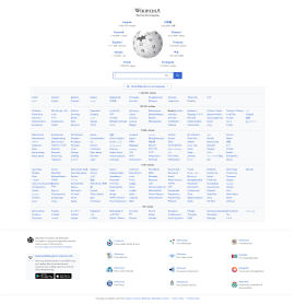 Trang chủ Wikipedia với đường liên kết đến nhiều ngôn ngữ khác.