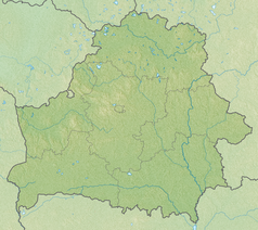 Mapa konturowa Białorusi, w centrum znajduje się czarny trójkącik z opisem „Dzierżyńska Góra”