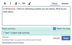 A screenshot showing an approach for incorporating custom edit summary functionality into the Reply Tool.