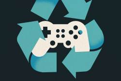 Illustration of a video game controller surrounded by a recycle icon