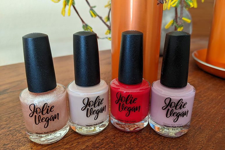 Bottles of vegan nail polish made by Jolie Vegan.