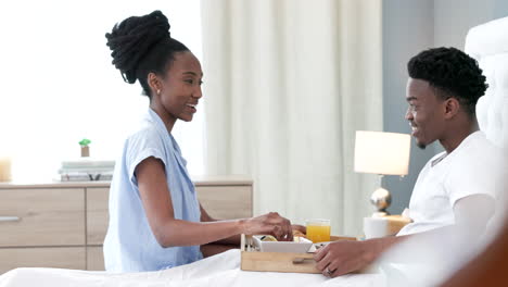 love, couple and surprise breakfast in bed