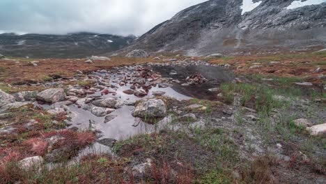 the rocky landscape of the mountainous plateau flooded by the meltwater from surrounded mountains