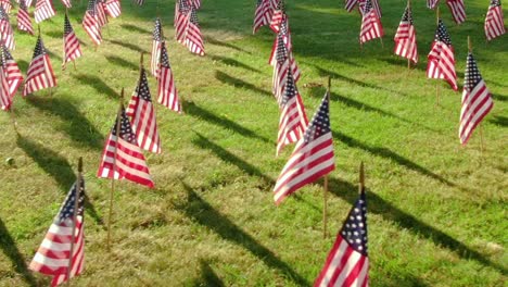 close up of usa flags fluttering on the wind and casting a shadow on the green lawn