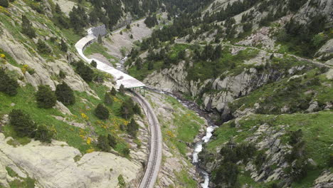 aerial shot of a mountainous landscape in which railroad tracks run along the side of a rich river in the pyrenees