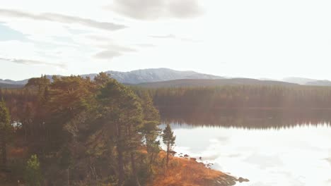 alpine lake island surrounded by swedish forest and mountains with bright sun flare