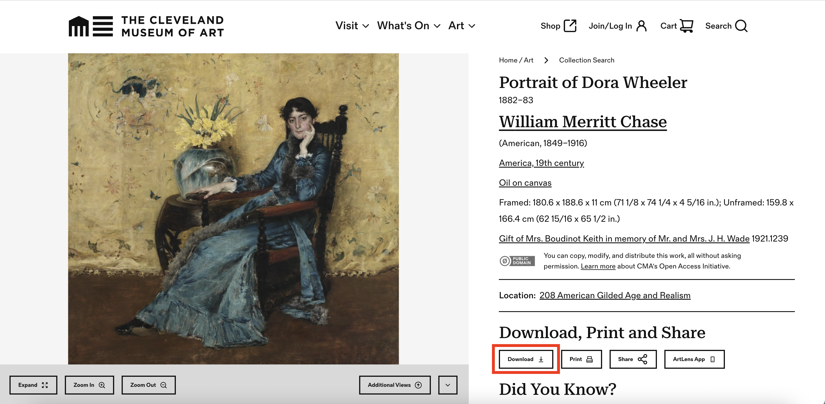 A CMA art detail page with the 'download' button highlighted 