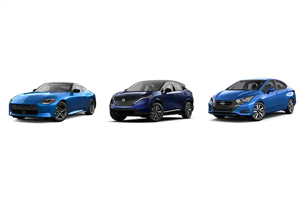 A photo collage of a blue 2024 Nissan Z, 2024 Nissan Ariya and 2024 Nissan Versa against a white background.