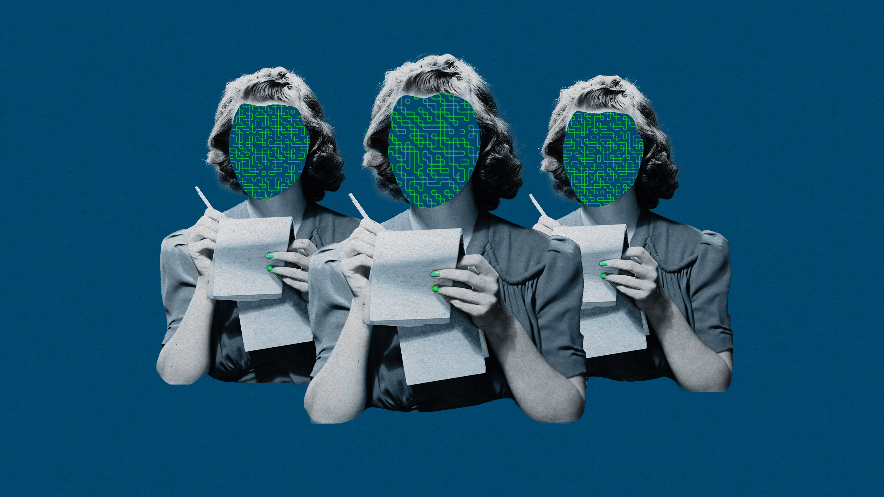 three identical agents with notepads and faces obscured by a digital pattern