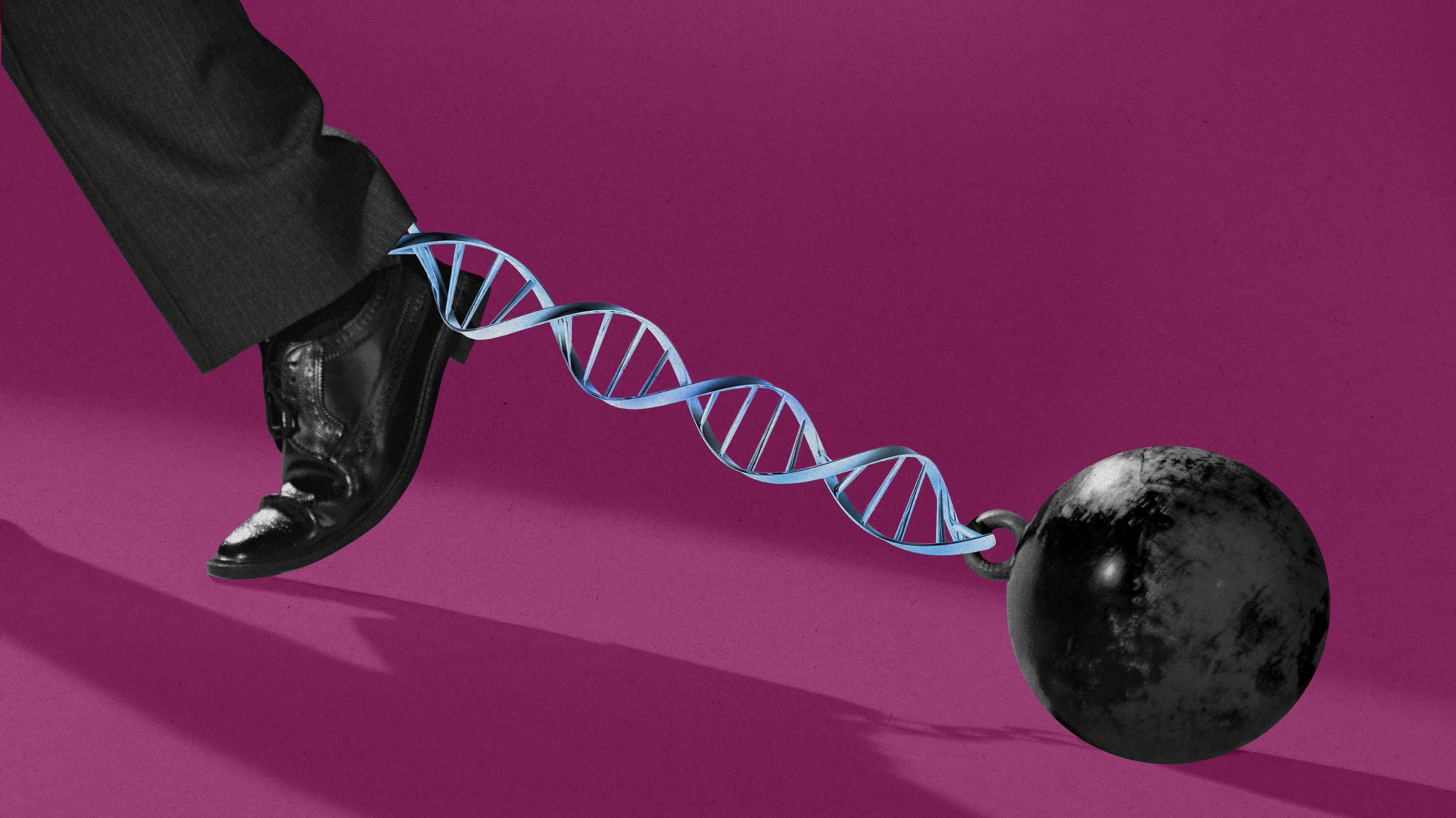 A photo illustration showcasing a ball and chain with the chain as a DNA helix,