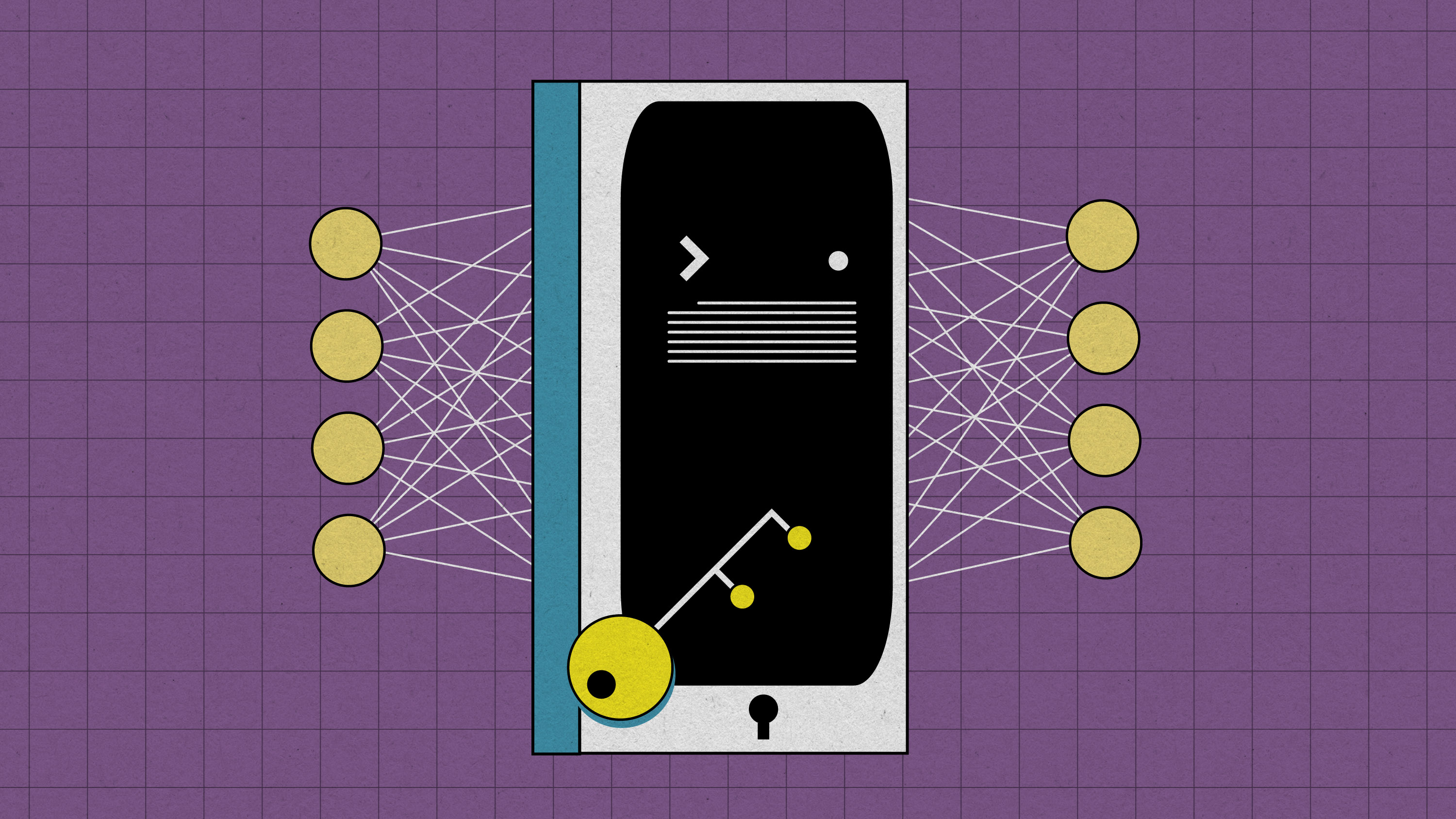 a cell phone over an LLM graph with a key shaped made to resemble the graph