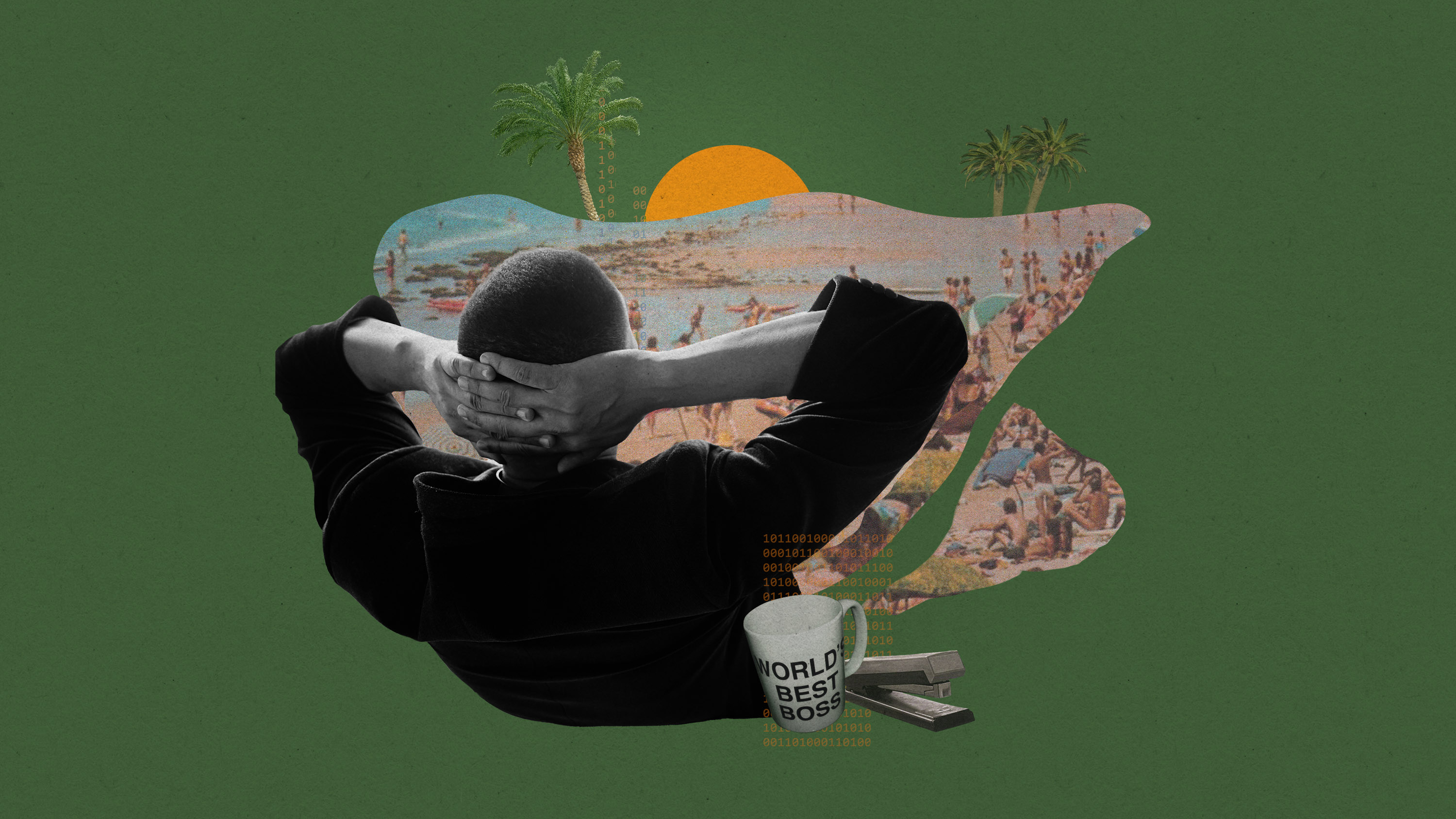 person in their office with arms behind head looks into the distance at fragments of a beach scene with a sun and palm trees