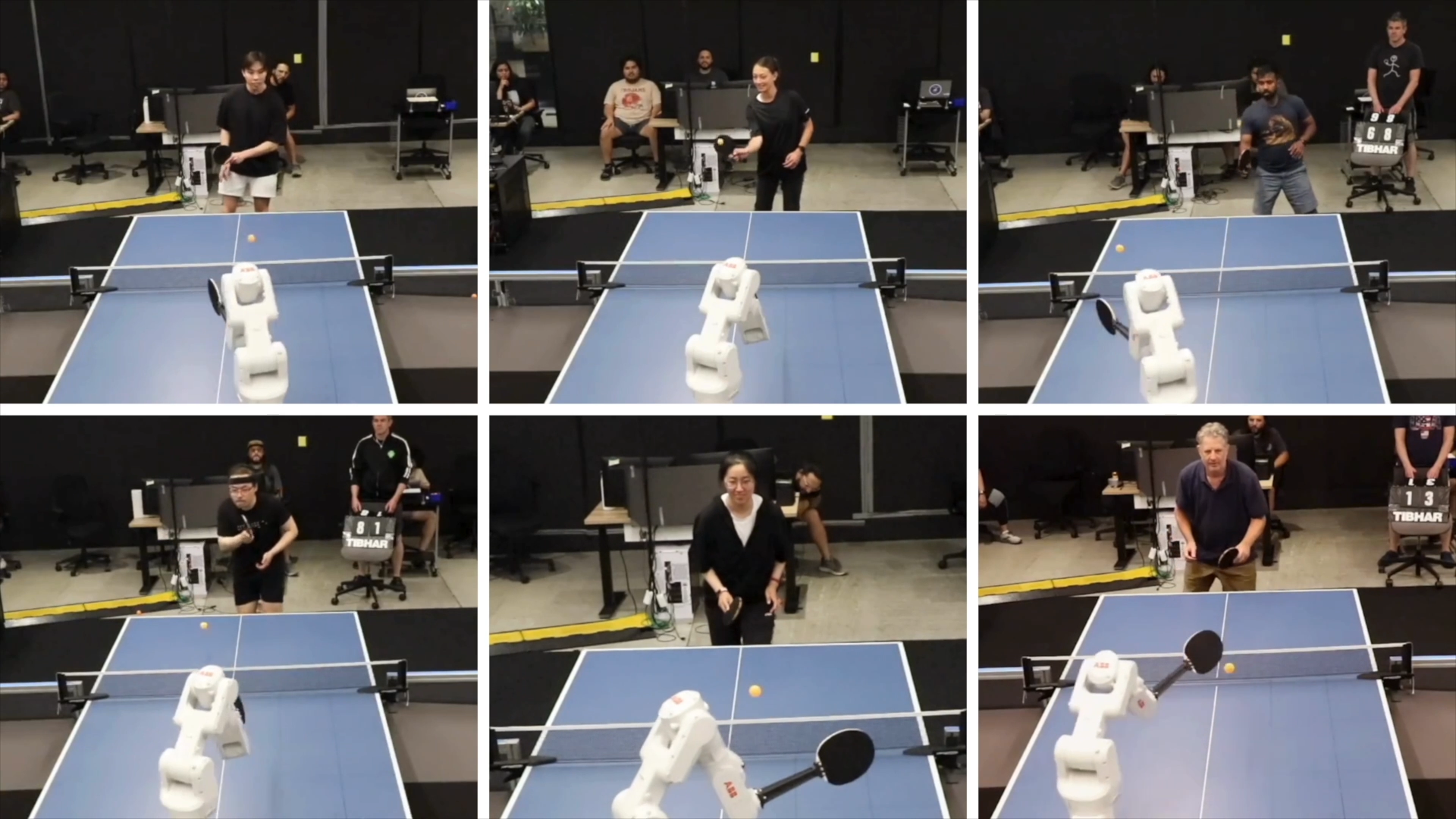 collage of 9 scenes from video of human players matched against a robot in ping pong