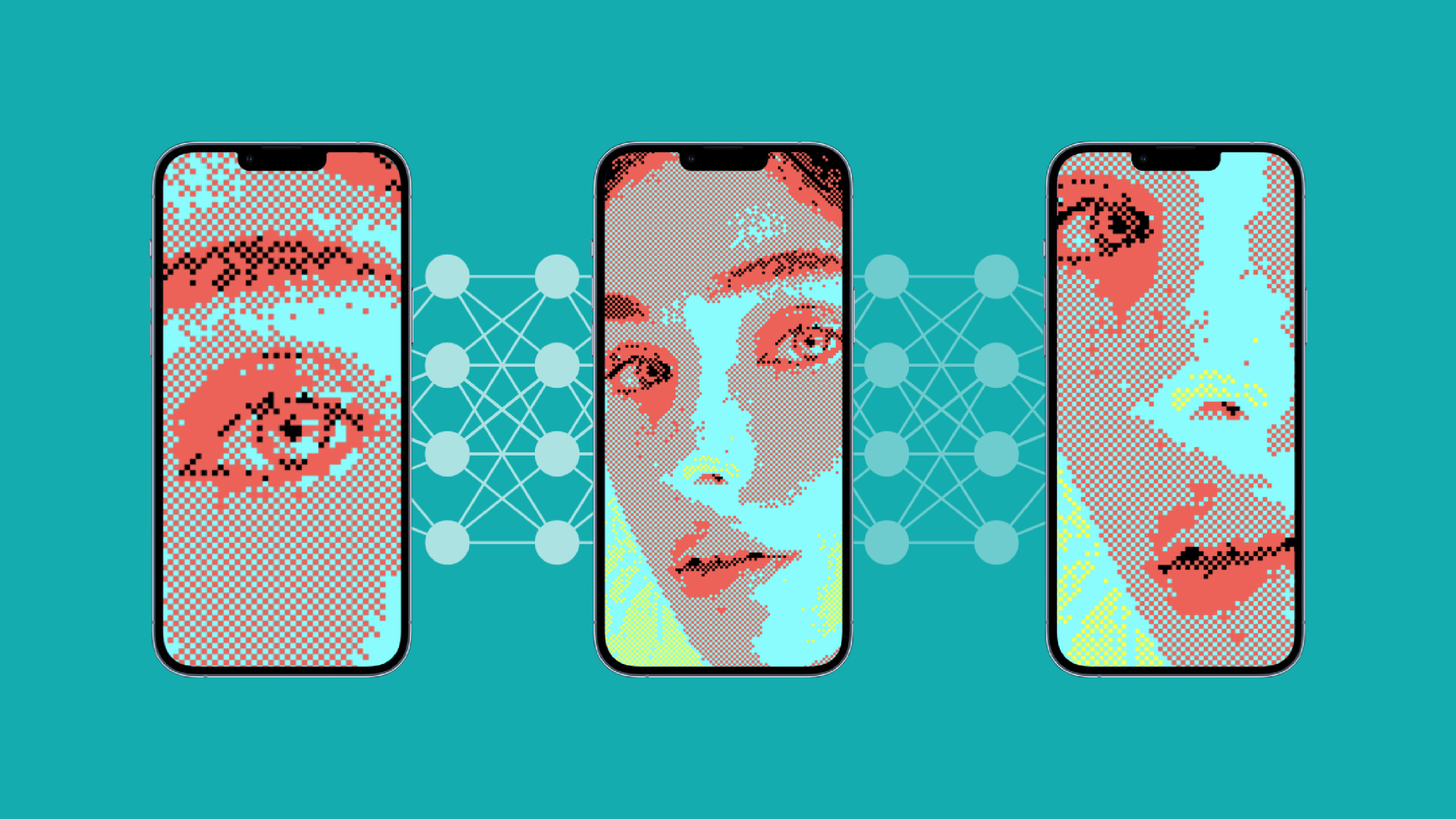 three phones with bitmap images of a girl&#039;s face more and less close up with a neural net in the background