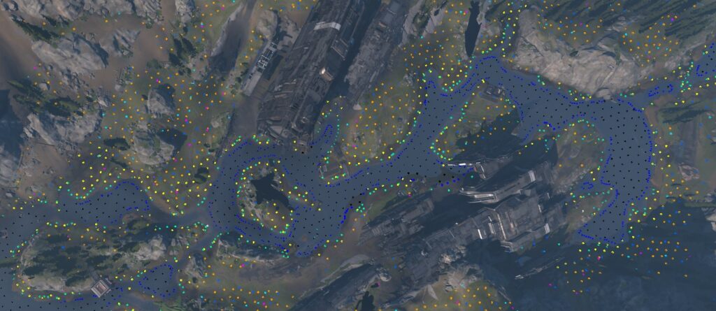 A map with dots of different colors representing where audio emitters exist on land, at elevation and across bodies of water.