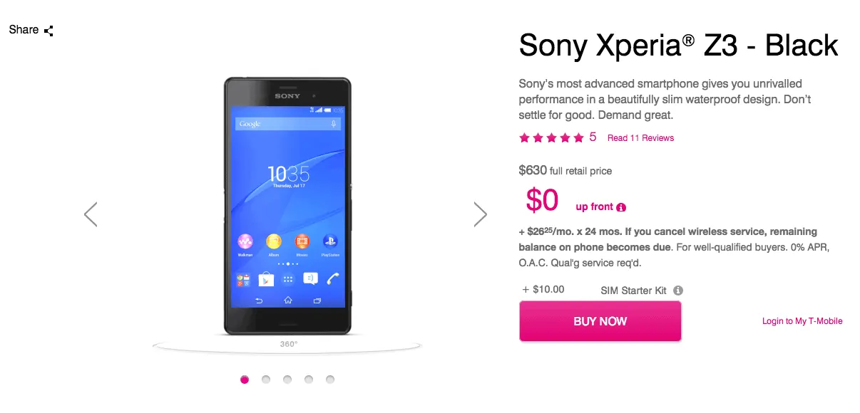 Featured image for Sony Xperia Z3 Lands on T-Mobile Shelves