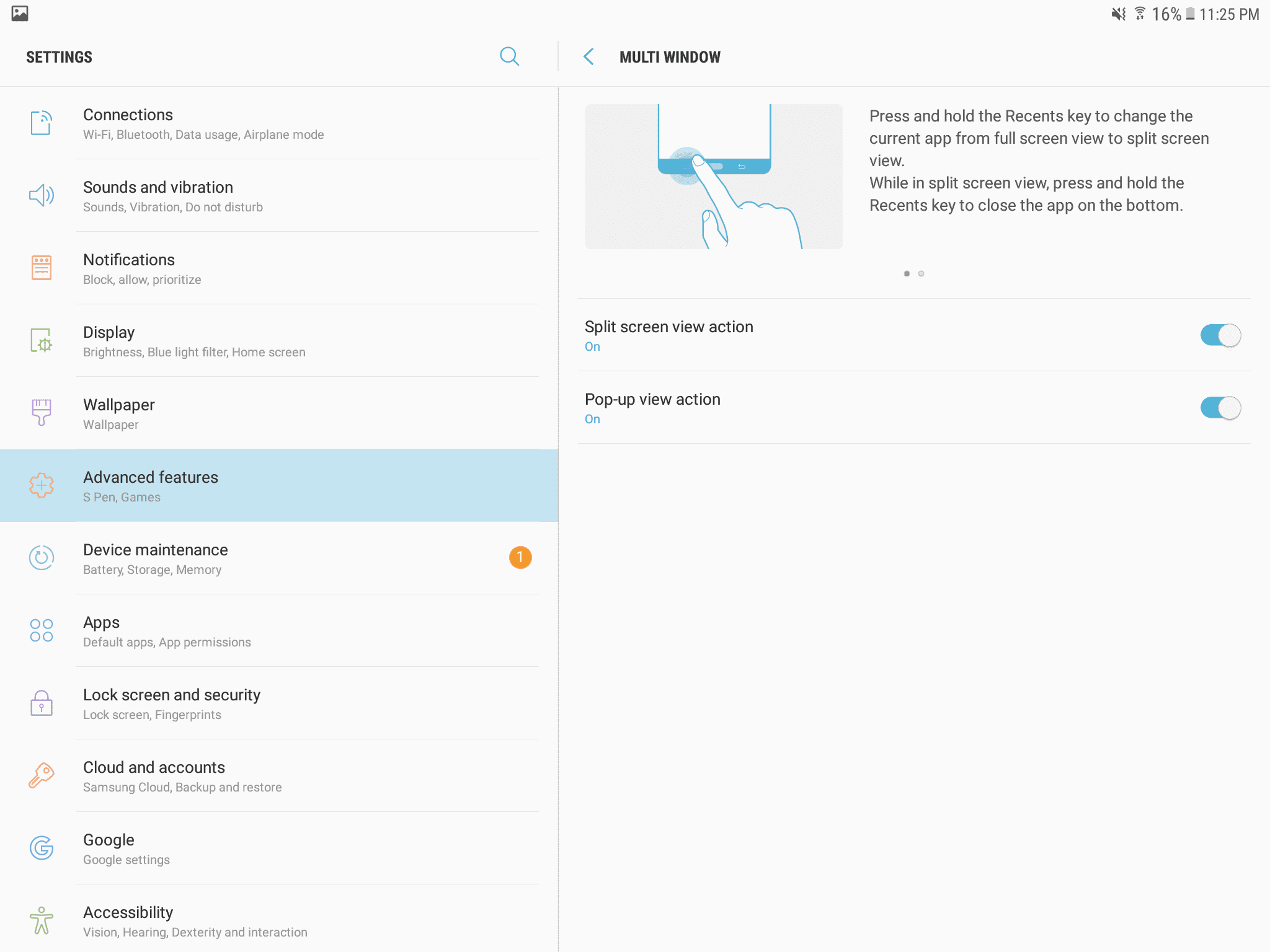 Samsung Galaxy Tab S3 AH NS screenshots multi window settings