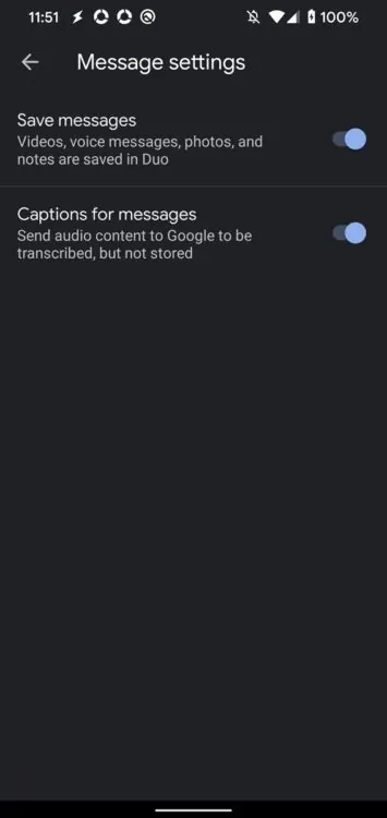 Google Duo closed captions message settings