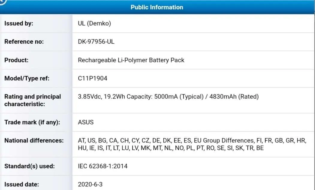 ASUS Zenfone 7 battery