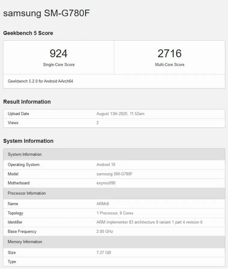 Samsung Galaxy S20 Fan Edition Geekbench