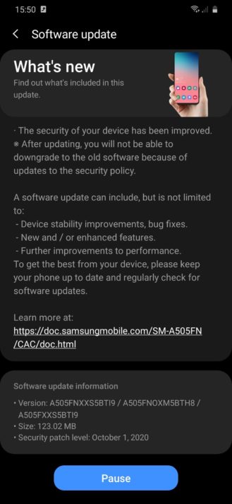 galaxy a50 october 2020 security update