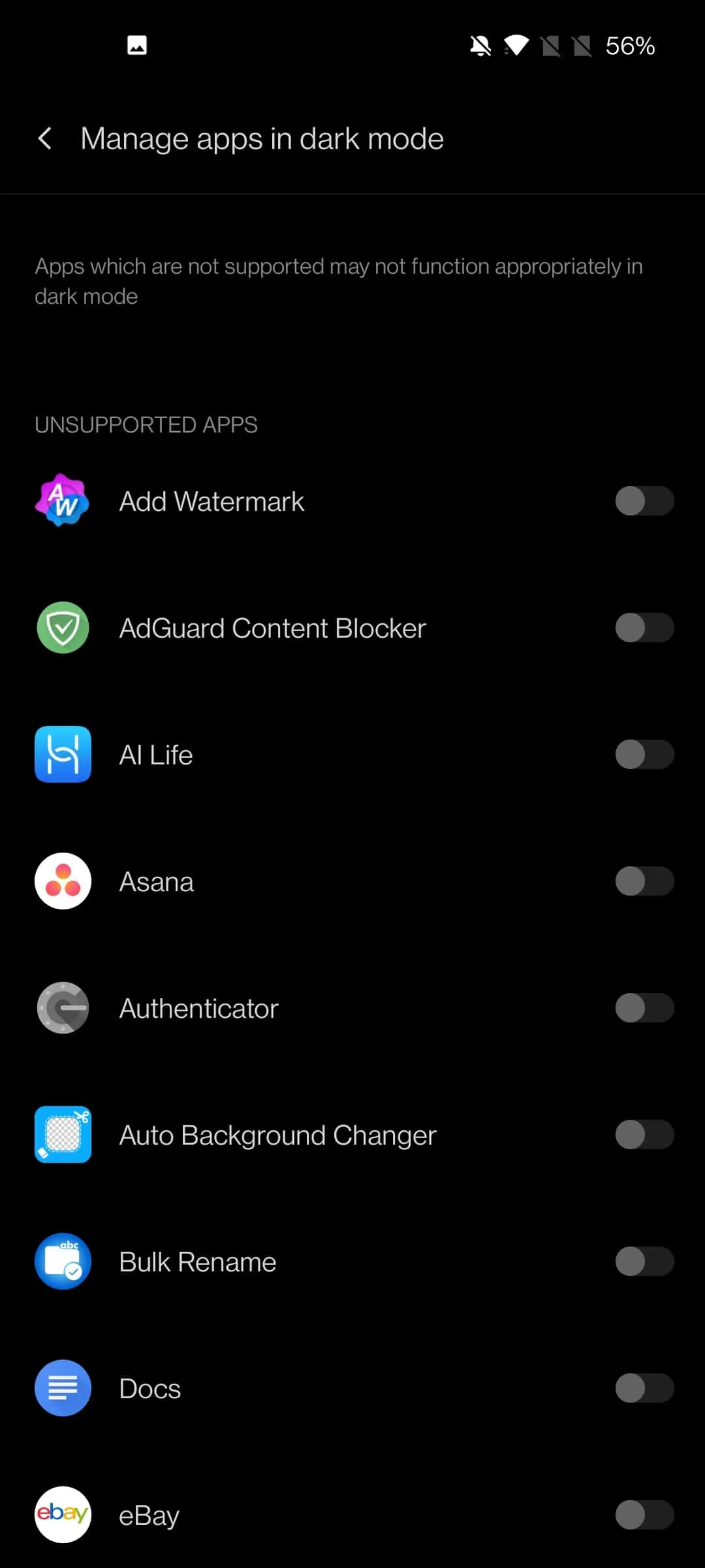 OxygenOS 11 manage apps in dark mode