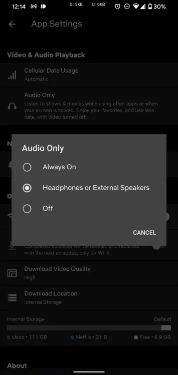 audio only setting menu