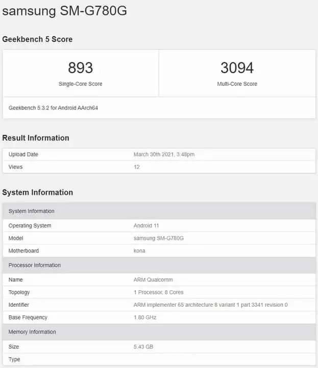 Galaxy S20 FE 4G Geekbench