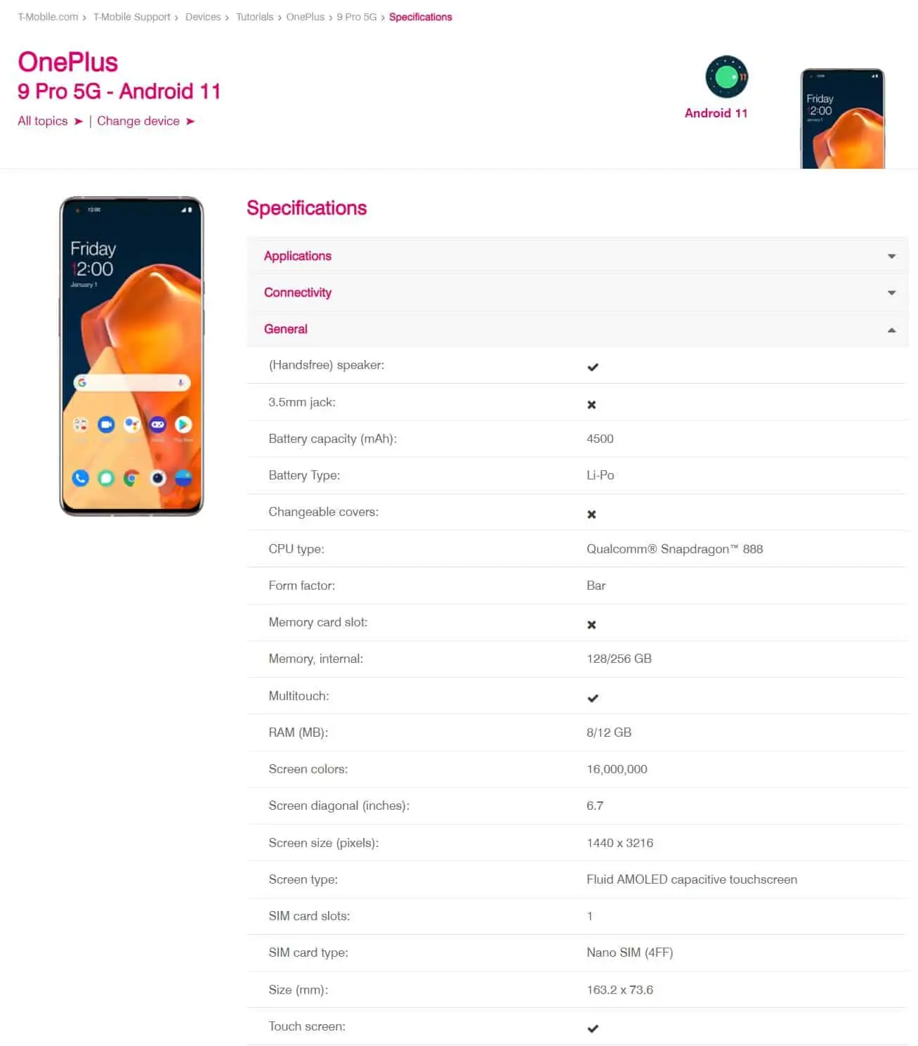 OnePlus 9 Pro T Mobile specs leak