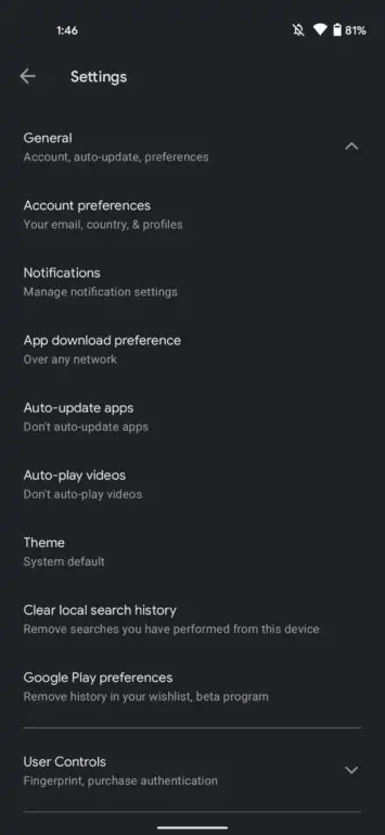 Google Play Store redesign settings expanded