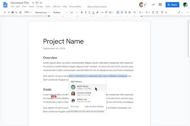 Google Docs show editors edit history