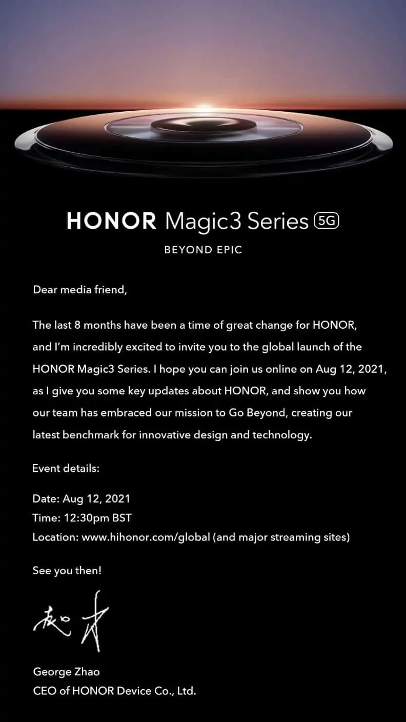 HONOR Magic 3 press event invitation