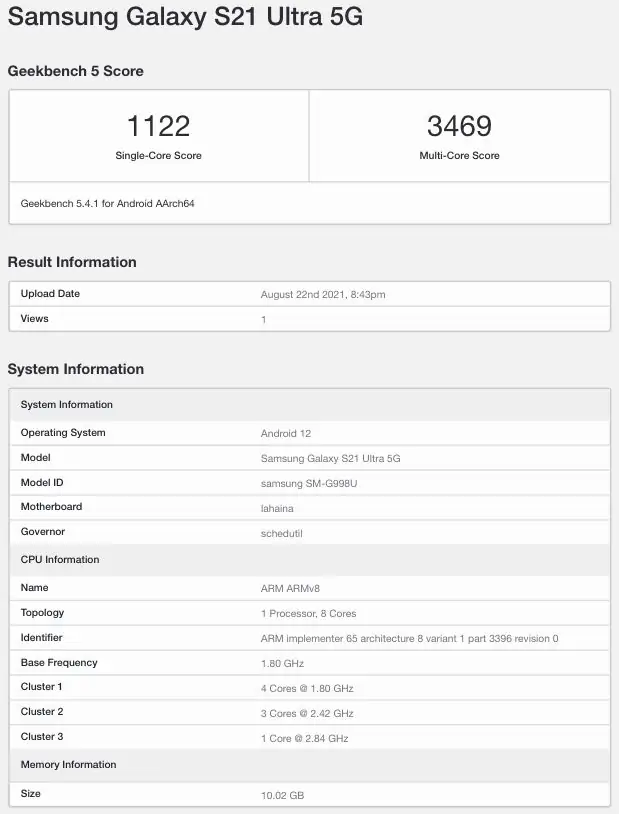 Galaxy S21 Ultra Android 12 Geekbench