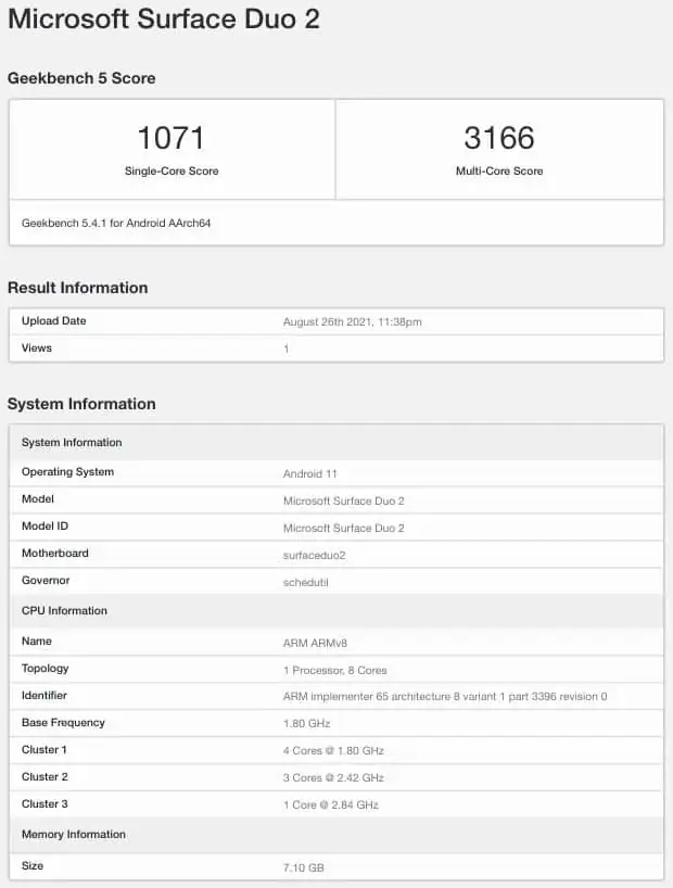 Microsoft Surface Duo 2 Geekbench