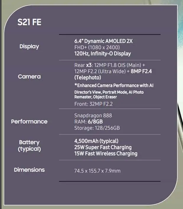 Galaxy S21 FE marketing materials specs