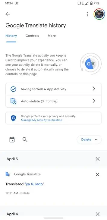 Google Translate History Settings