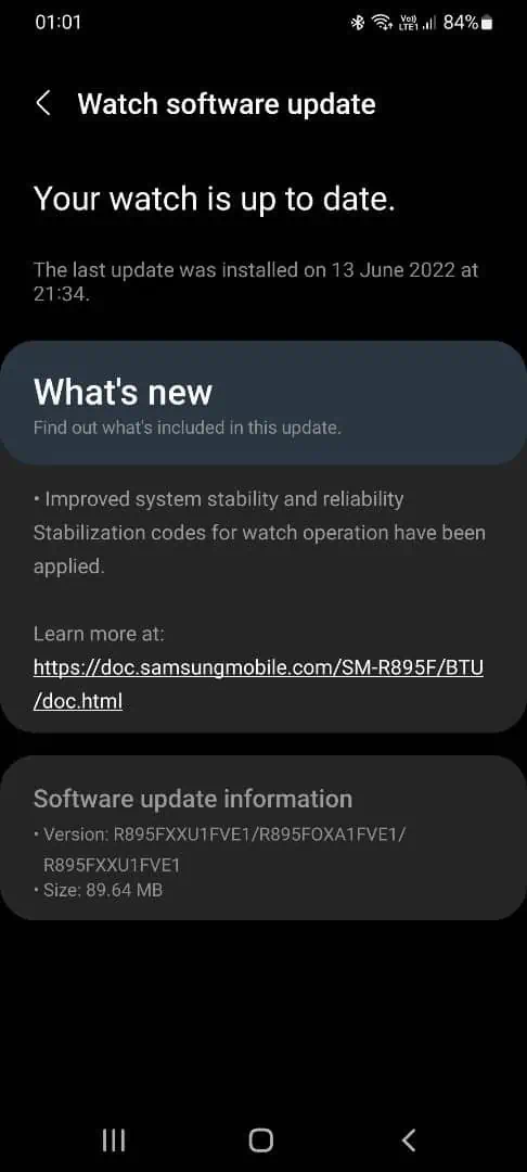 Samsung Galaxy Watch 4 update changelog screenshot