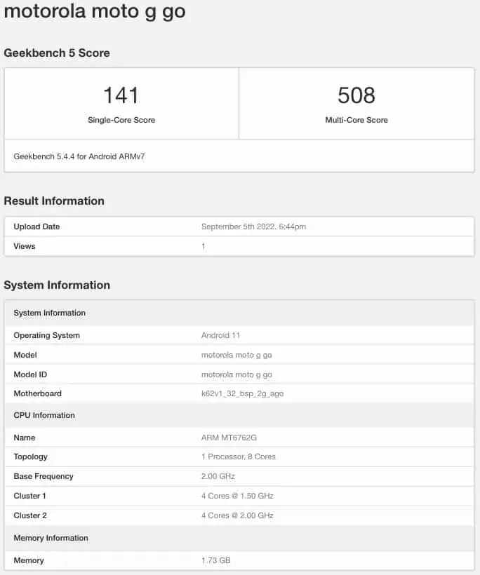 Moto G GO Geekbench