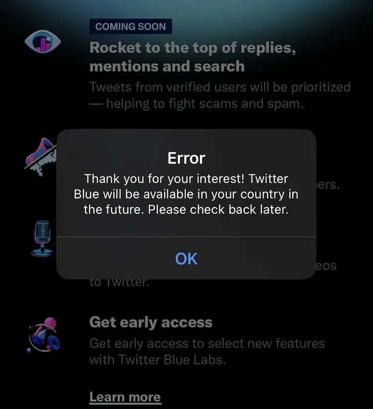 Twitter Blue error