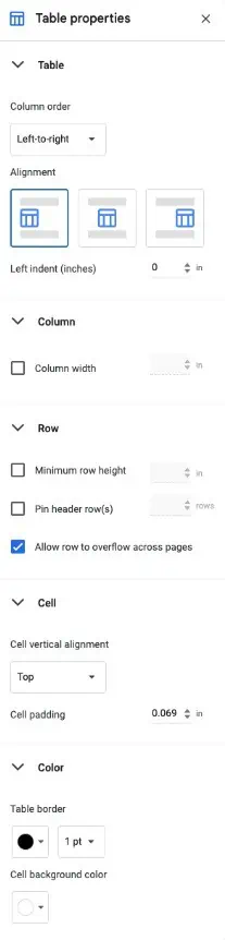 Google Docs update table formatting