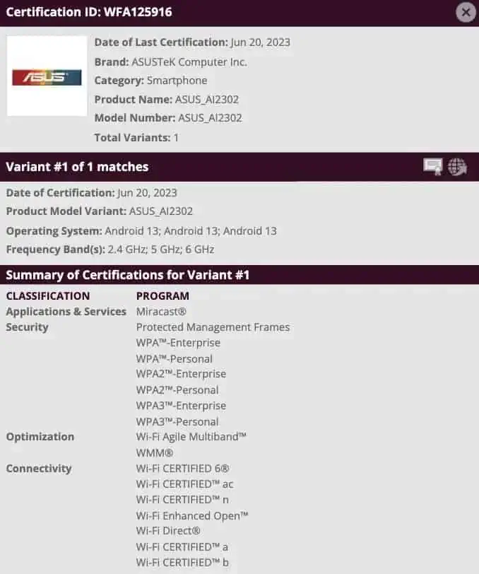 ASUS ZenFone 10 WiFi Alliance certification