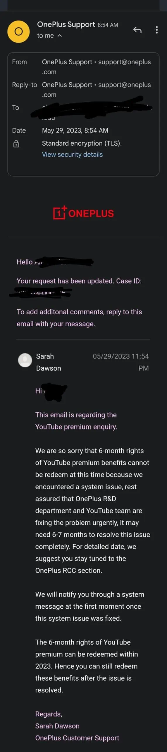 OnePlus 11 YouTube Premium issue company response screenshot