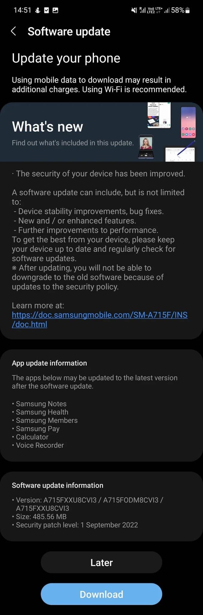 Samsung Galaxy A71 September 2023 update changelog screenshot