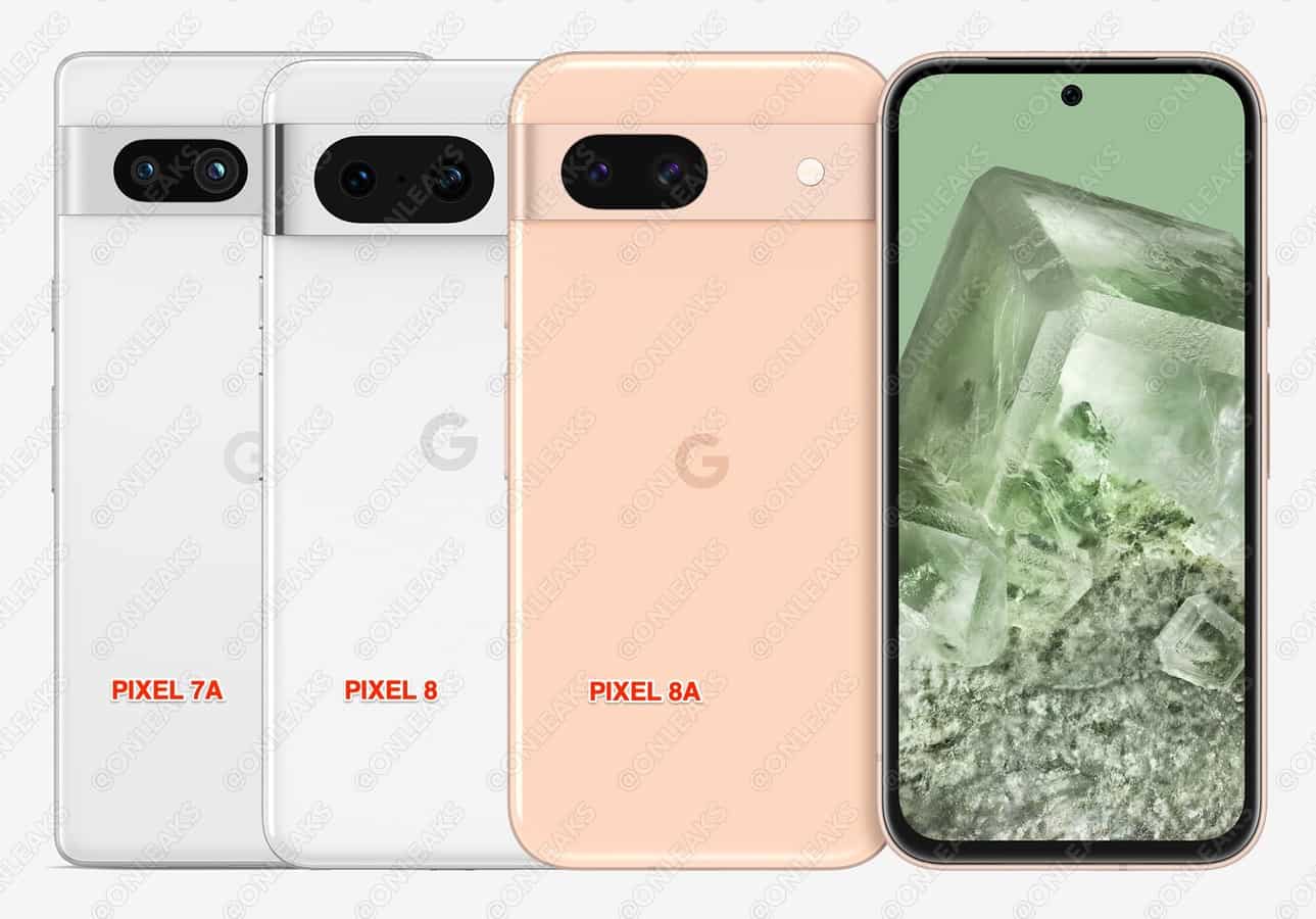 Google Pixel 8a poses with Pixel 8 and Pixel 7a