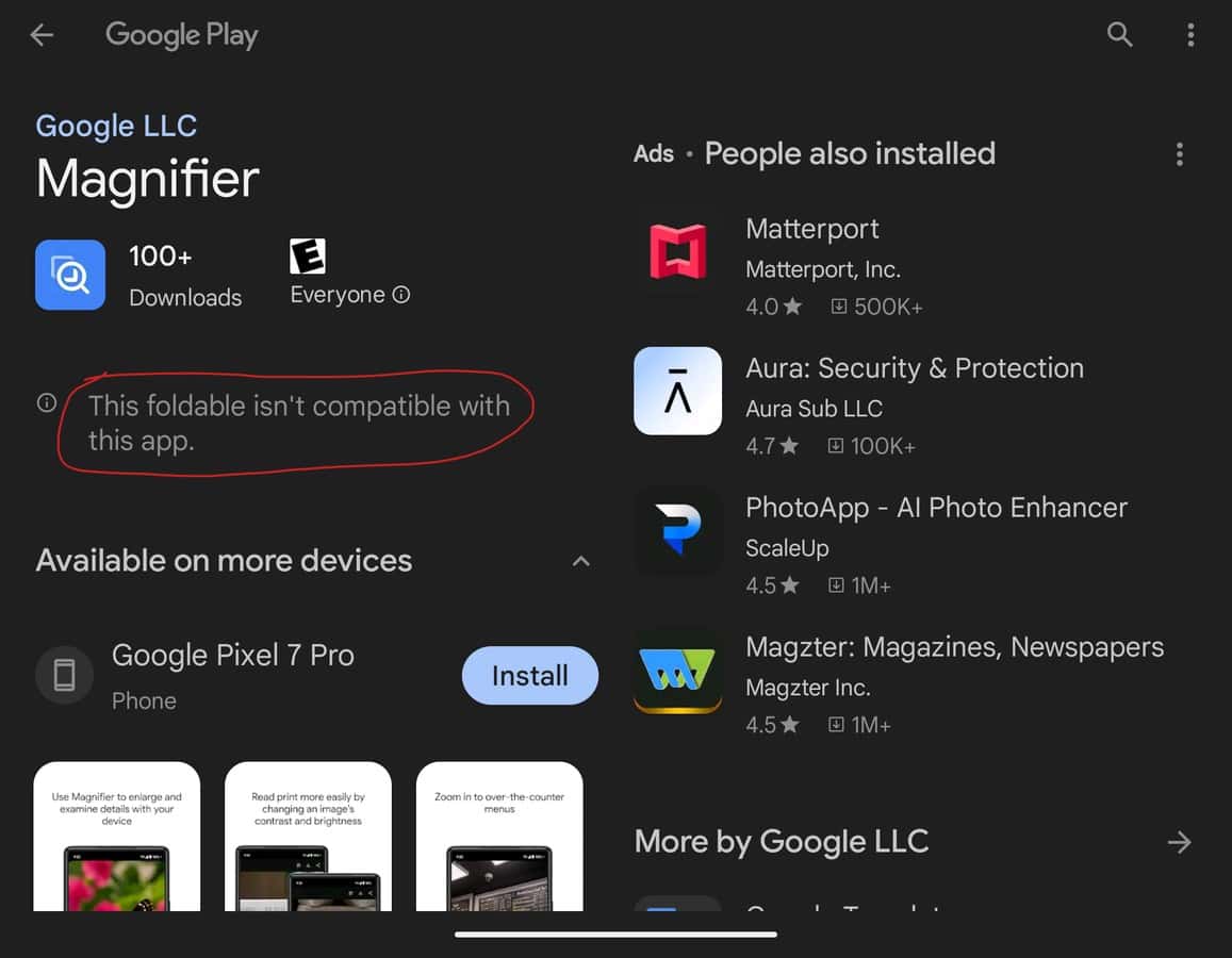 Magnifier app not available for Pixel Fold