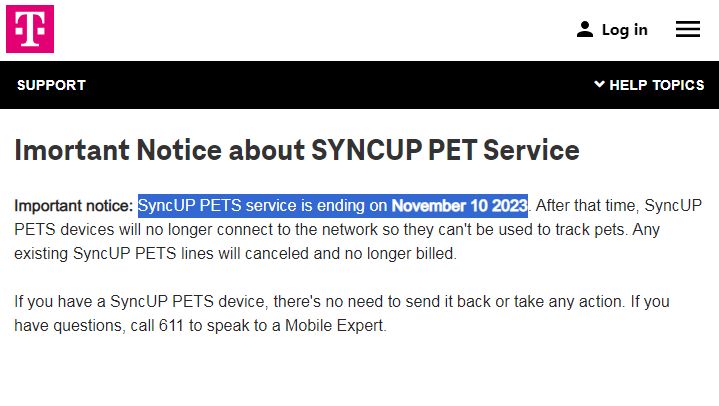 SyncUP PETS service is ending