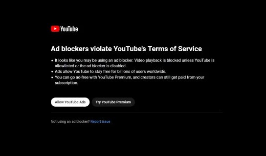 Ad blocker blockade by YouTybe