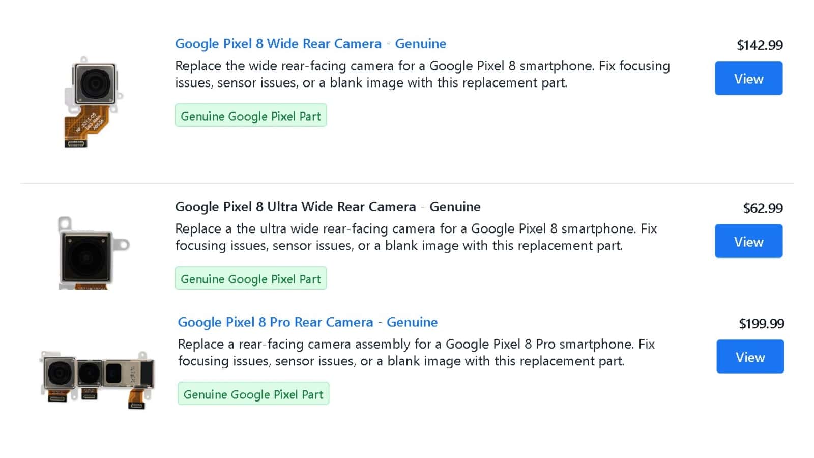 Pixel 8 series camera repair parts prices