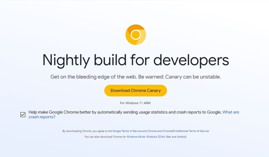 Chrome Canary for Windows on Arm