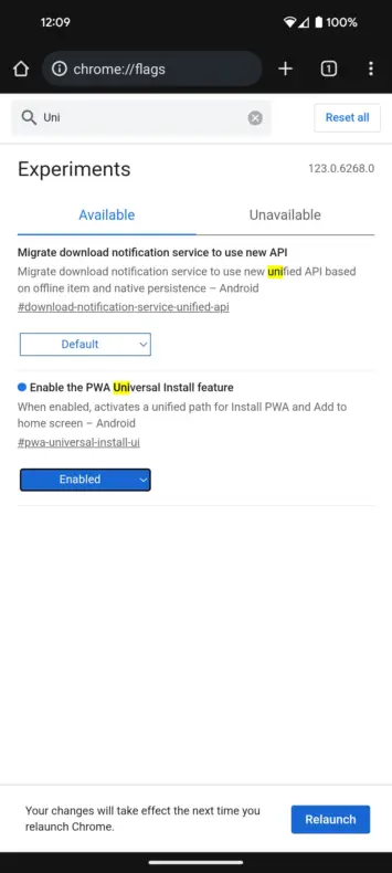 Google Chrome flag PWA Universal Install